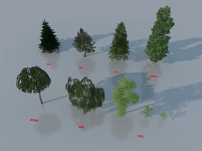 Various Types of Trees with Different Shapes Displayed in a Collection with Shadows 3d model