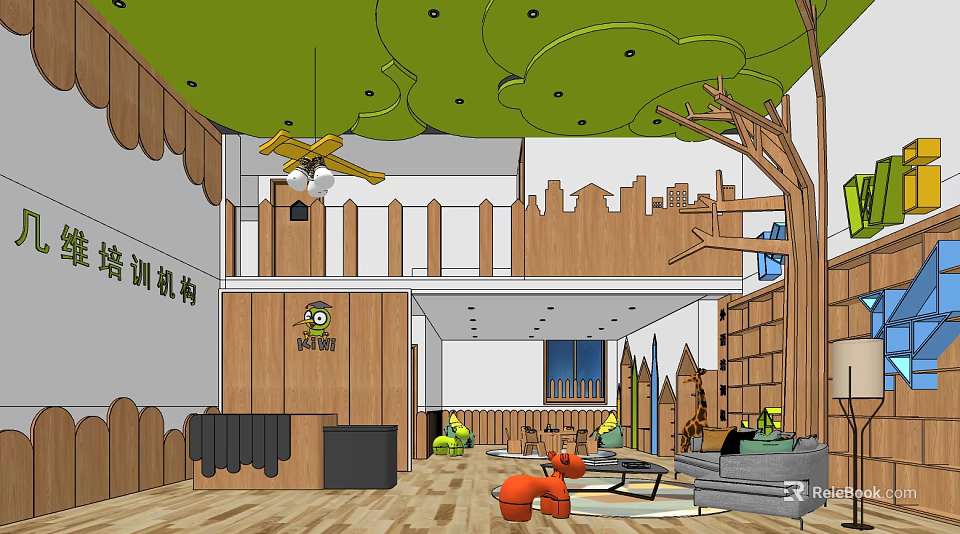 Vibrant Kindergarten Space With Green Leaf Ceiling Wooden Railings City Silhouette And Playful Toys 3d model 