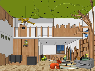 Vibrant Kindergarten Space With Green Leaf Ceiling Wooden Railings City Silhouette And Playful Toys 3d model