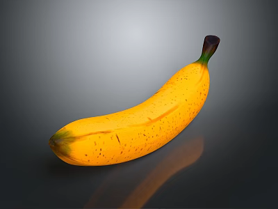 Ripe Yellow Speckled Banana With Green Stem On Dark Reflective Background 3d model