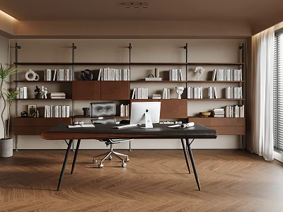 Modern Home Office Interior With Wooden Desk Built-in Bookshelves Stacked Books And Potted Plant 3d model