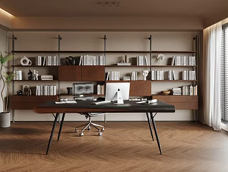 Middle Style Study Desk Bookshelf Bookcase Books 3d model