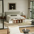 Modern Bedroom Interior With Wooden Furniture Floor to Ceiling Windows and Outdoor Pool View
