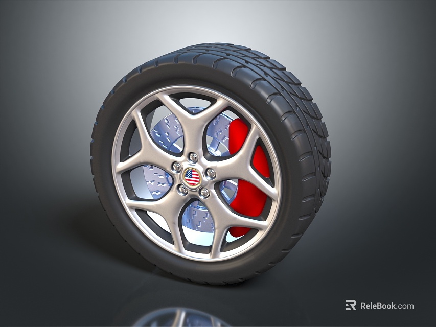 Car Tire With Silver Multi Spoke Alloy Wheel Red Brake Calipers And Detailed Tread Pattern 3d model 
