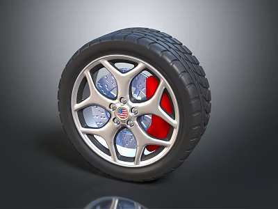 Car Tire With Silver Multi Spoke Alloy Wheel Red Brake Calipers And Detailed Tread Pattern 3d model