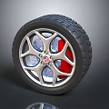 Car Tire With Silver Multi Spoke Alloy Wheel Red Brake Calipers And Detailed Tread Pattern