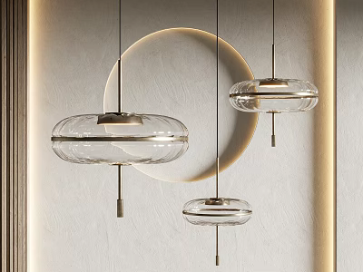 Modern Transparent Glass Round Pendant Lights Hanging In Interior With Circular Decorative Wall 3d model