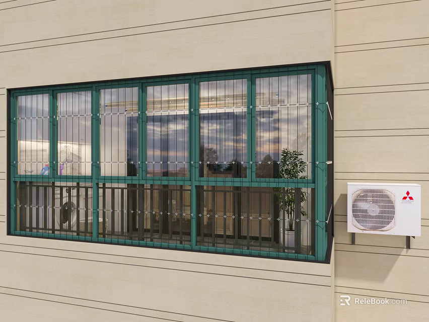 Building Exterior With Green Window Frame And Security Bars And Wall Mounted Air Conditioner Unit 3d model 