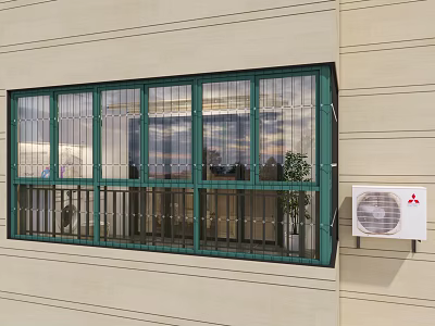 Building Exterior With Green Window Frame And Security Bars And Wall Mounted Air Conditioner Unit 3d model
