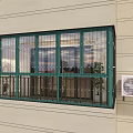 Building Exterior With Green Window Frame And Security Bars And Wall Mounted Air Conditioner Unit