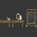 Vintage Wooden Furniture Including Two Side Tables And Blackboard Cabinet With Decorative Items