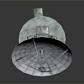 White Parabolic Satellite Dish With Grid Structure And Blue Logo On Stand