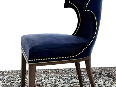 Navy Blue Accent Chair With Velvet Upholstery Brass Nailhead Trim Wooden Legs On Patterned Rug 3d model