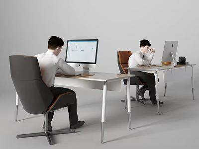 Men Working at Desks in Modern Office with Computer Screens Showing Charts 3d model