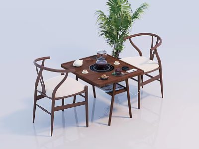 Wooden Square Tea Table with Two Curved Backrest Chairs Light Colored Cushions and Green Plant 3d model