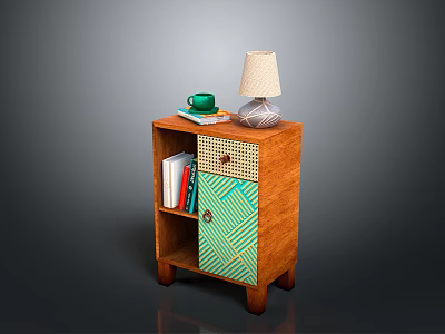 Wooden Side Cabinet With Green Geometric Pattern Door Woven Detail And Table Lamp 3d model