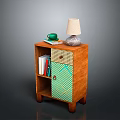 Wooden Side Cabinet With Green Geometric Pattern Door Woven Detail And Table Lamp