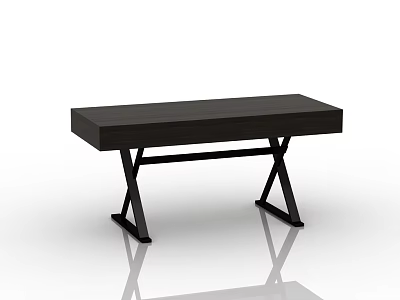 Modern Dark Wood Desk With Black Metal X Shaped Legs And Minimalist Design 3d model