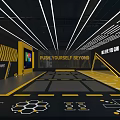 Modern Fitness Center With Yellow Black Design Neon Lights Motivational Signs And Exercise Floor Patterns