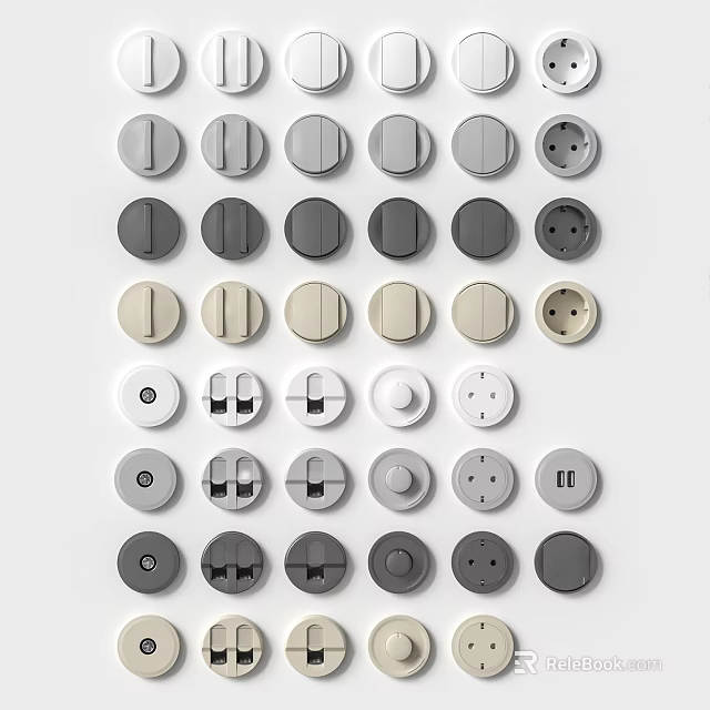 Various Modern Switch Panels in Neutral Colors with Round Buttons and Socket Designs 3d model 