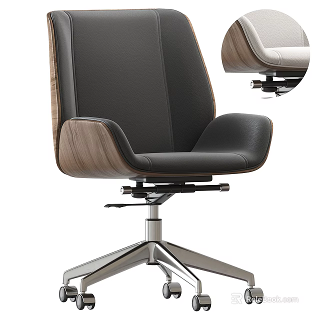 Modern Office Chair With Black Leather Seat Wooden Armrests And Stainless Steel Base 3d model 