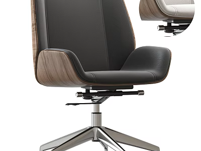 Modern Office Chair With Black Leather Seat Wooden Armrests And Stainless Steel Base 3d model