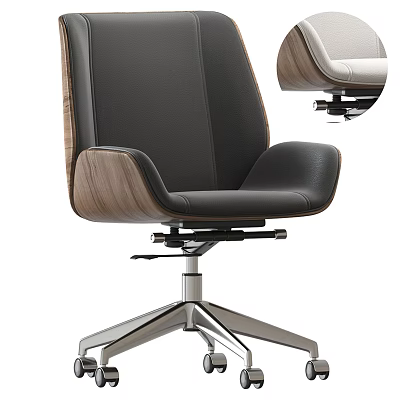 Modern Office Chair With Black Leather Seat Wooden Armrests And Stainless Steel Base 3d model