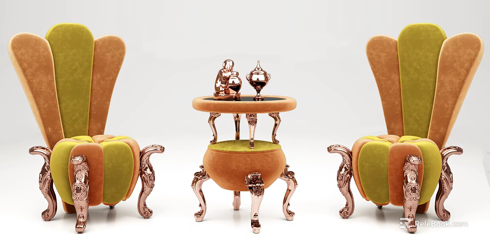 Casual Sofa Set Featuring Green Orange Velvet Upholstery Carved Legs And Round Side Table 3d model 