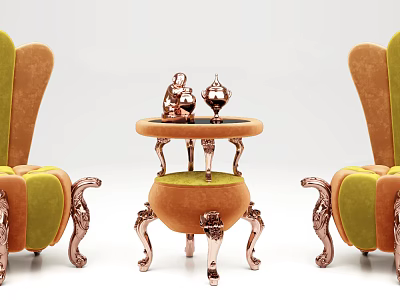 Casual Sofa Set Featuring Green Orange Velvet Upholstery Carved Legs And Round Side Table 3d model
