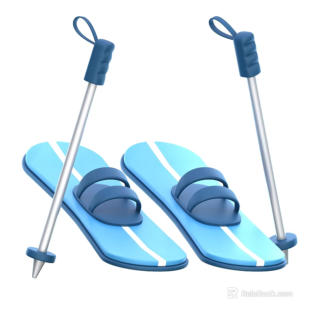 Blue Water Skis With White Stripes And Aluminum Poles For Water Sports Equipment 3d model 