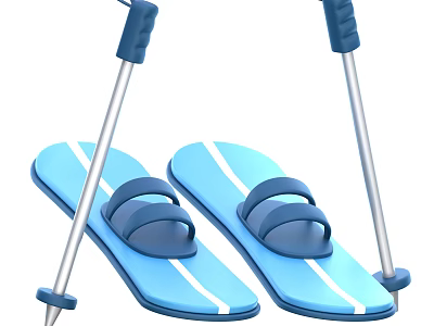 Blue Water Skis With White Stripes And Aluminum Poles For Water Sports Equipment 3d model