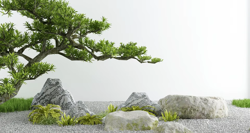 Courtyard Garden With Green Tree Rocks Small Plants And Gravel Ground 3d model 