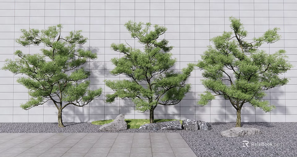 Arbor Trees in Landscape with Gray Wall Stone Pavement Gravel Rocks and Grass 3d model 