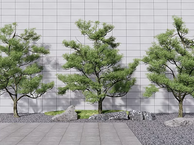 Arbor Trees in Landscape with Gray Wall Stone Pavement Gravel Rocks and Grass 3d model