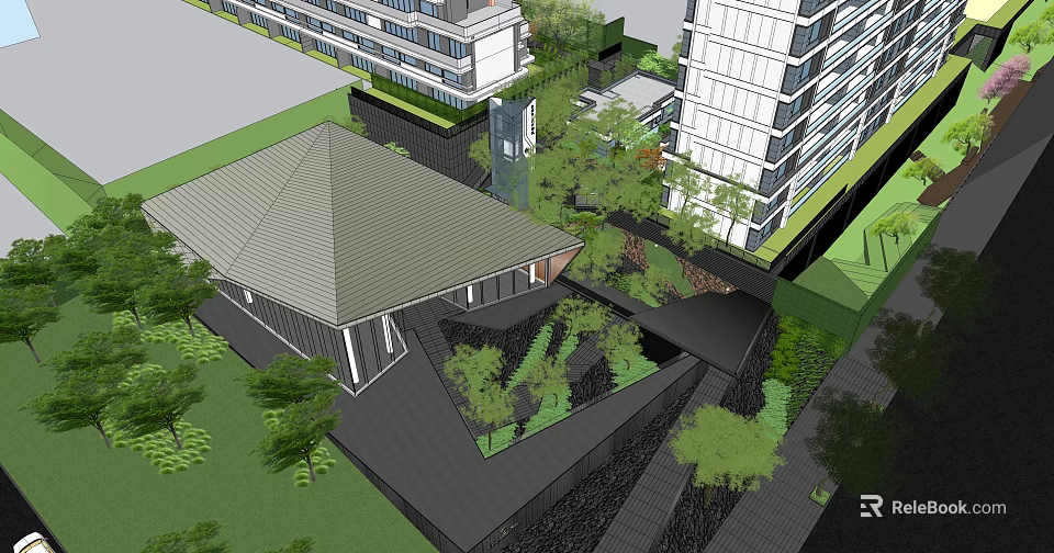 Modern Garden Landscape Design With Greenery Pathways And Surrounding Buildings 3d model