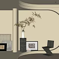 White Vase with Bamboo Branches in Modern Interior Beige Wall Black Base and Decorative Paintings