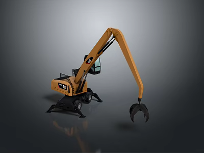 Yellow Excavator With Long Hydraulic Arm And Grapple For Industrial Applications 3d model