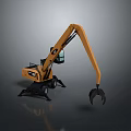 Yellow Excavator With Long Hydraulic Arm And Grapple For Industrial Applications