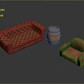 Red Checkered Sofa With Wooden Barrel And Red Armchair In Interior