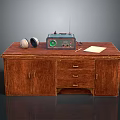 Classic Wooden Desk With Vintage Radio Headphones Notebook Pen And Storage Drawers
