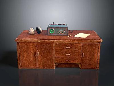 Classic Wooden Desk With Vintage Radio Headphones Notebook Pen And Storage Drawers 3d model
