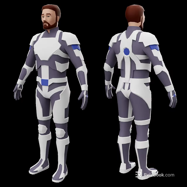 Man wearing white and purple armor with blue details front and back view 3d model 
