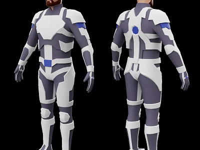 Man wearing white and purple armor with blue details front and back view 3d model