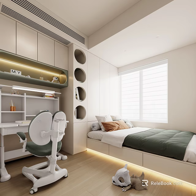 Modern Kids Room Interior With White Cabinets Circular Cutouts Study Desk And Green Bedspread 3d model 