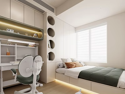 Modern Kids Room Interior With White Cabinets Circular Cutouts Study Desk And Green Bedspread 3d model