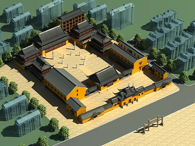 Traditional Ancient Chinese Architecture With Courtyard Yellow Walls And Modern Buildings Around 3d model