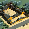 Traditional Ancient Chinese Architecture With Courtyard Yellow Walls And Modern Buildings Around