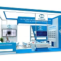 Blue Chenming Exhibition Booth with Display Screen Reception Desk World Map and Green Plants