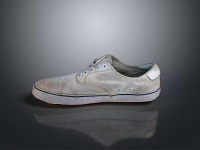Worn White Canvas Shoes With Simple Design White Laces Soles And Reflection On Gray Background 3d model