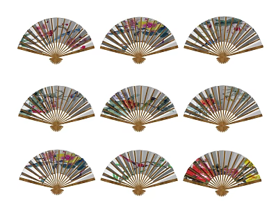 Chinese Folding Fans With Colorful Floral Patterns As Hanging Wall Decor 3d model